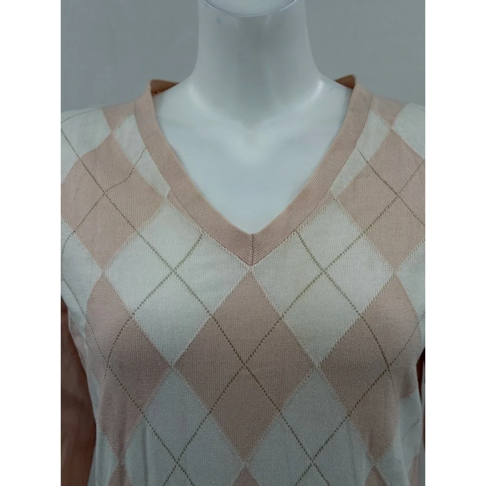 Tommy Hilfiger Sweater Womens Large Pink Peach Argyle V-Neck Tennis Prep Pastel - Picture 2 of 11